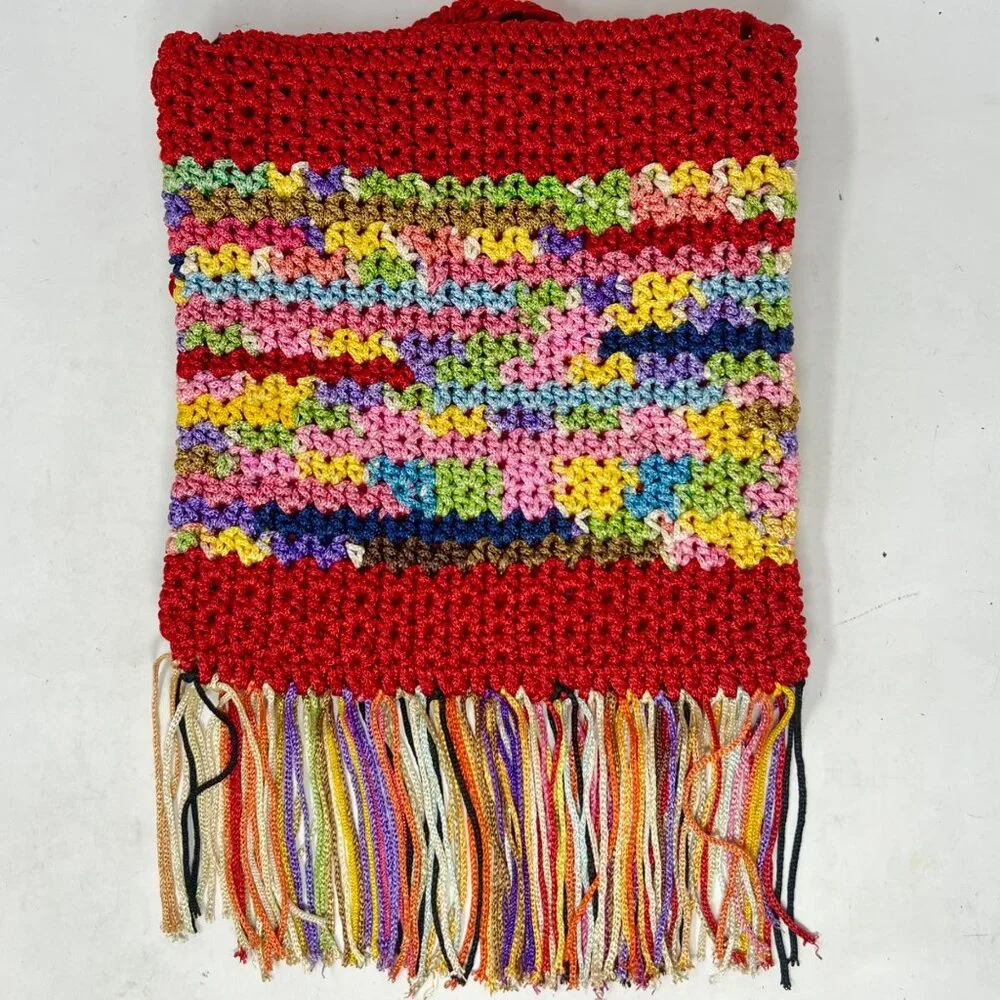 Crochet Shoulder Bag Handmade Boho Hippie Rainbow Fringe - Read‎ - Rough Fibers